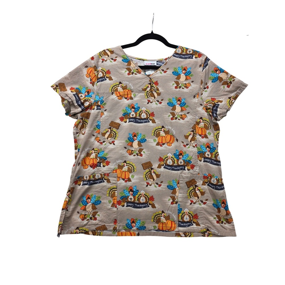 Scrubstar Womens Thanksgiving Turkey Pumpkin Scrub Top V-Neck Tan Size Large
